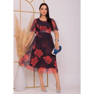 Vestido Midi Floral Elegante Com Manga De Tule em Oferta na Shopee