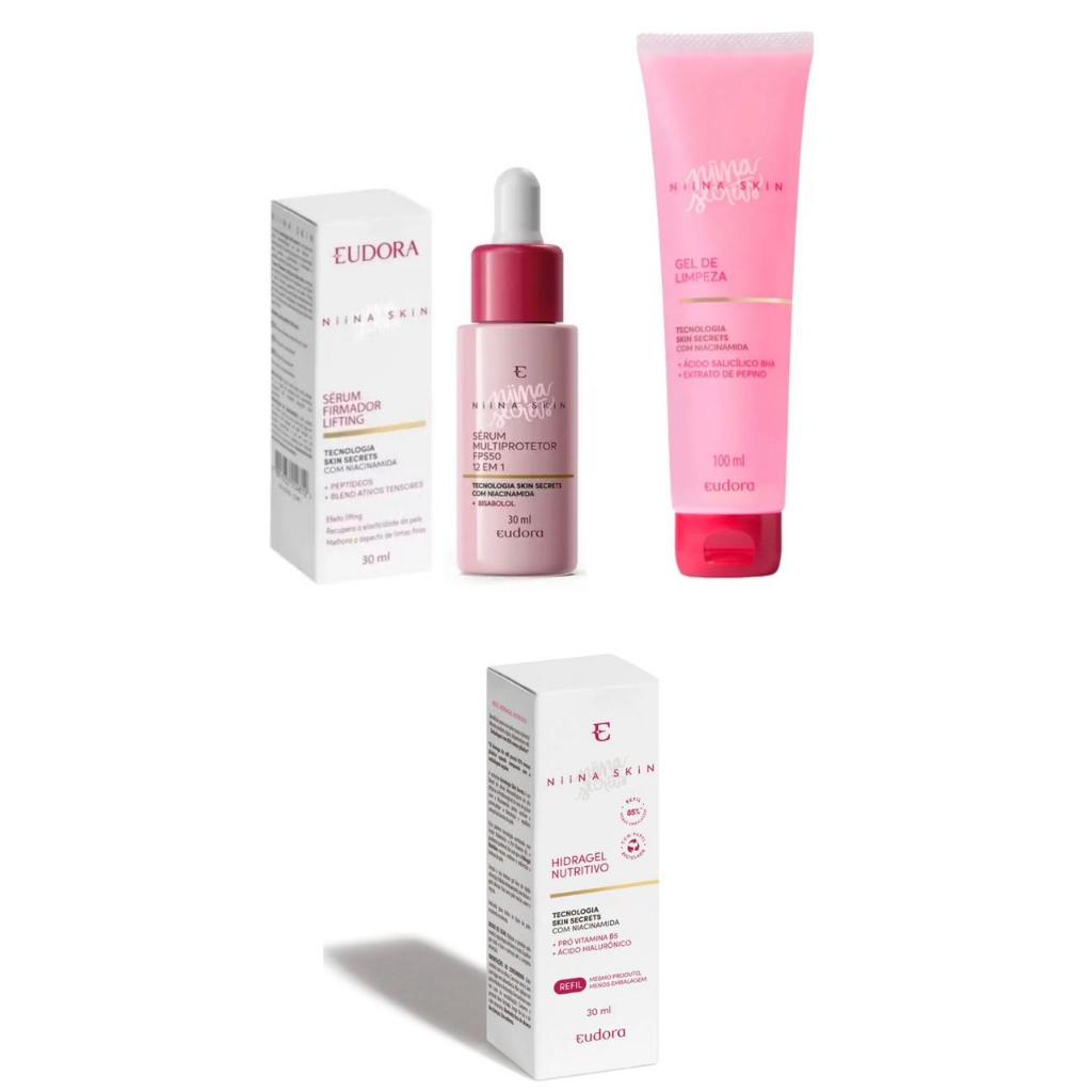 Eudora Niina Kit 3 Itens (Gel de Limp +Sérum Multiprotetor Fps 50 12 em 1 +Refil Hidragel Nutritivo