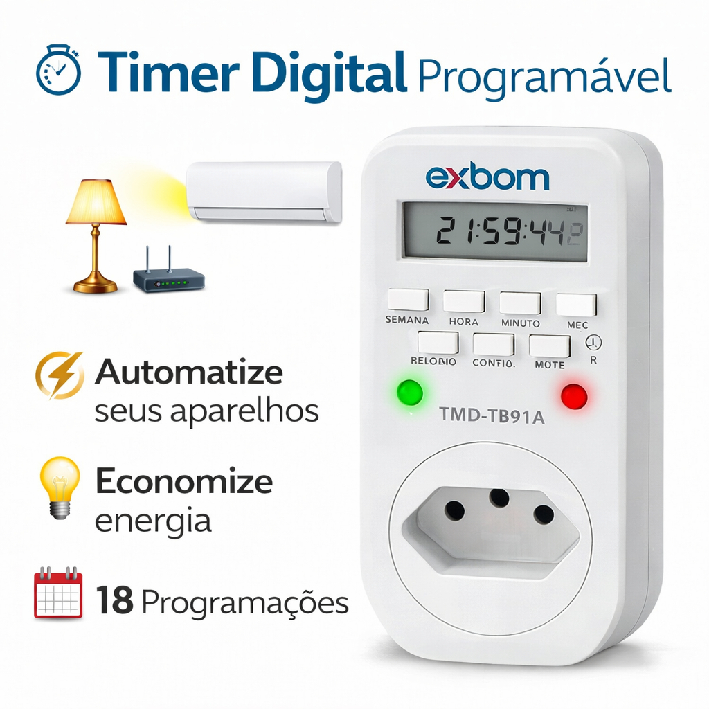 Timer Temporizador Digital Bivolt Programável Tomada Automática 18 Programações 10A
