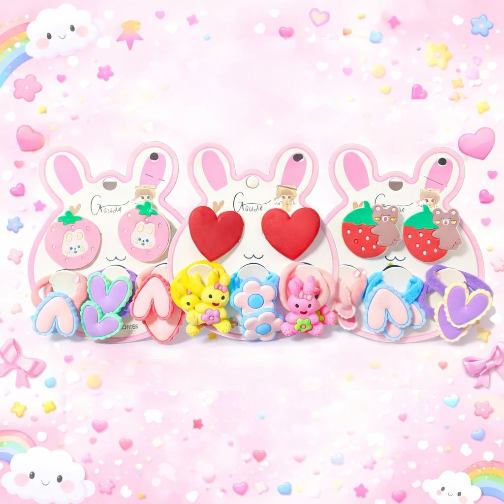 Kit Elástico de Cabelo Infantil 4 pares Unidades 8 – Xuxinha Colorida com Aplique Fofo Morango Coração Coelhinho