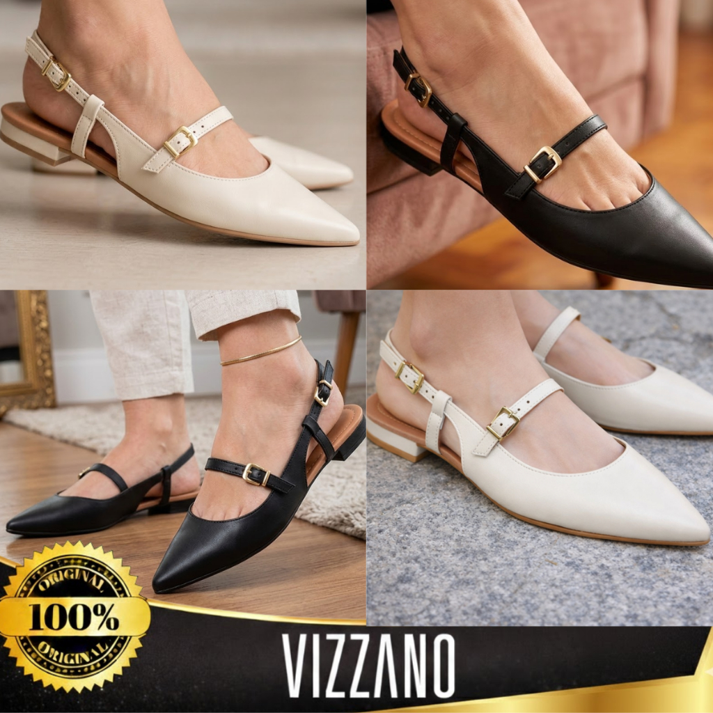Sapatilha Vizzano Feminino Design Slingback Confortável Sapato Social Bico Fino Salto Baixo Original