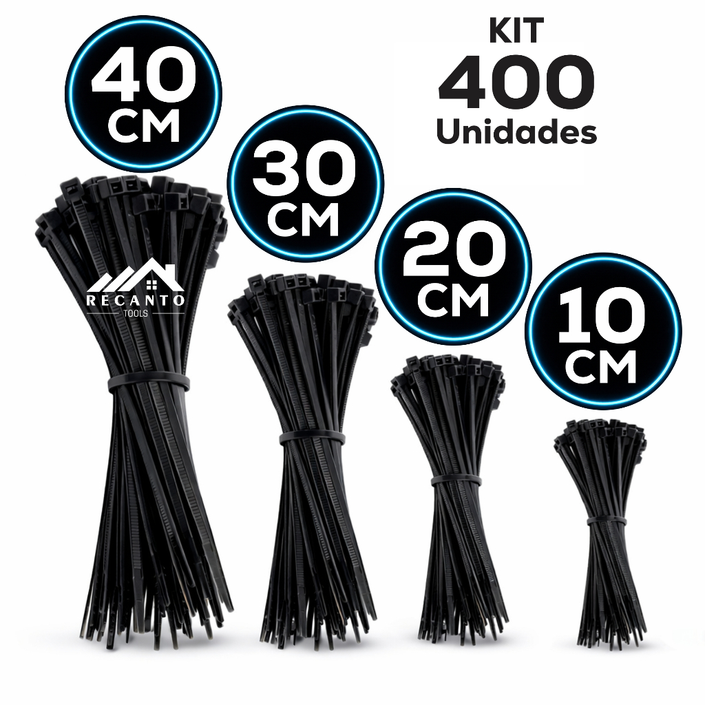 Kit 400 Abraçadeira de Nylon Enforca Gato Braçadeira Cintas Plásticas 10cm - 20cm - 30cm - 40cm - Preta | Branca