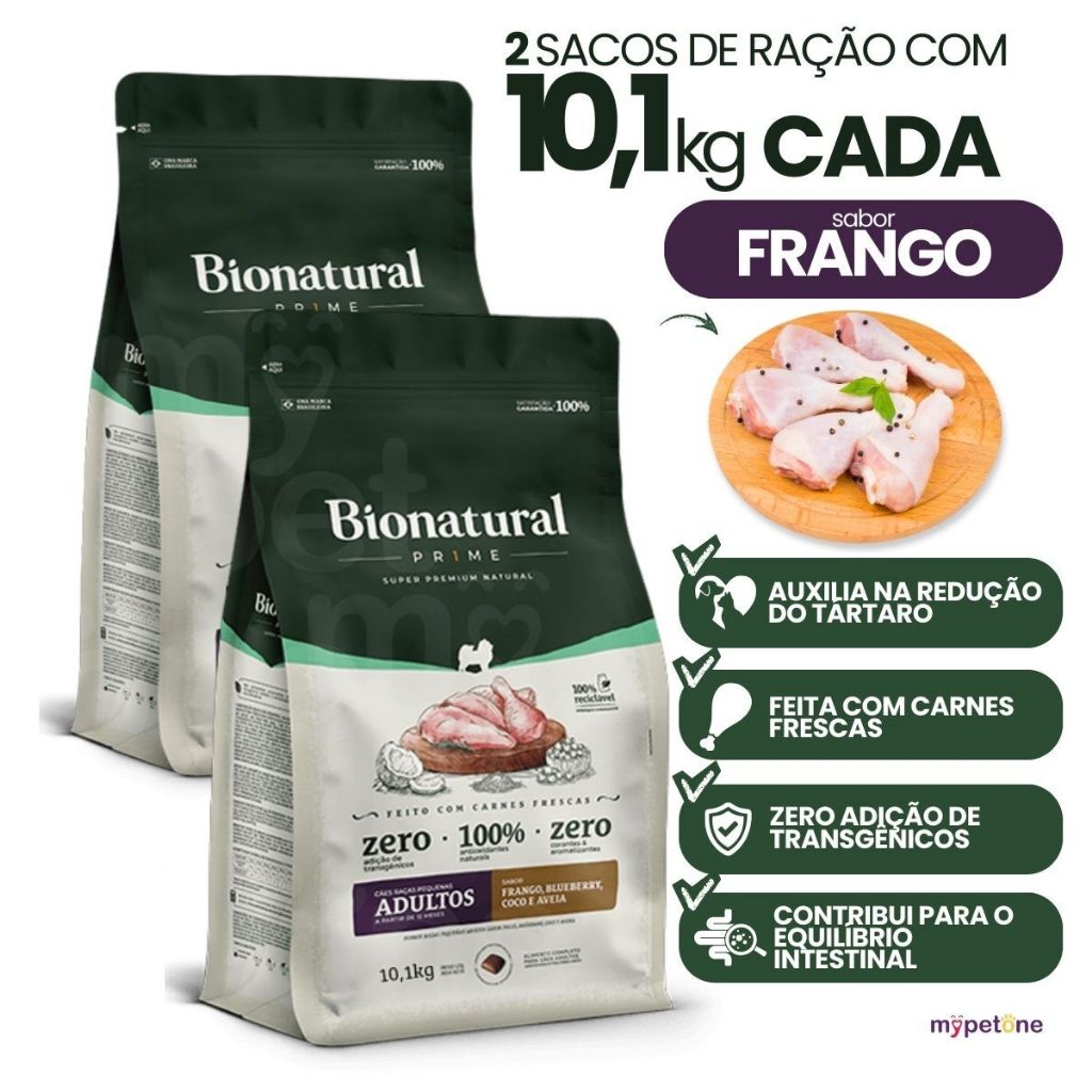 2 Ração Bionatural Prime Frango Cães Raças Pequenas 10,1kg