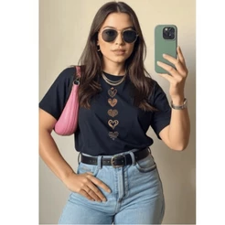 Camiseta T-Shirt Feminina Blusa Básica Camisa Estampa coração 100% Algodão Promoção