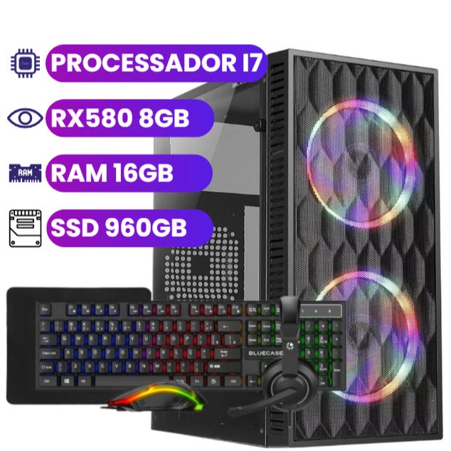 Computador Gamer Intel Core i7 - 16GB de RAM - SSD de 960GB - Placa de Vídeo RX580 8GB