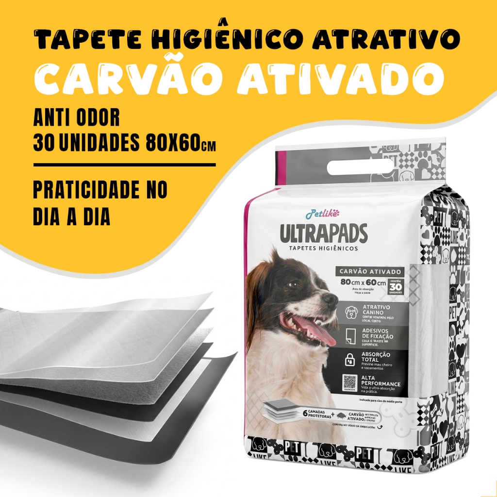 Tapete Higiênico Para Cães Petlike Ultrapads Com Carvão Ativado 80 cm x 60 cm Com 30 unidades