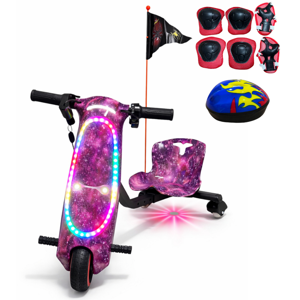 Triciclo Drift Elétrico Infantil 250W 6.5 Pol Kart Drift Criança LED Bluetooth Com Luzes Coloridas Com  Kit Proteção