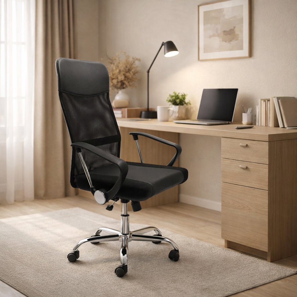 Cadeira de Escritório Presidente Best Chair Mesh e Couro PU Ergonômica Giratória Home Office Base Cromada