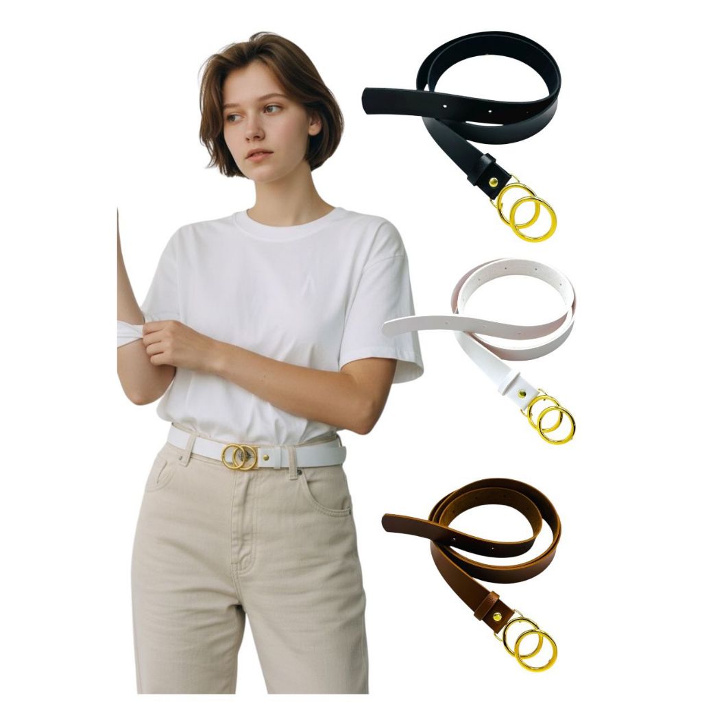 Kit2 Cintos Feminino Resistente Elegante Fivela Dourada Argola Dupla Ajustável Automático Couro Sintético - Rita