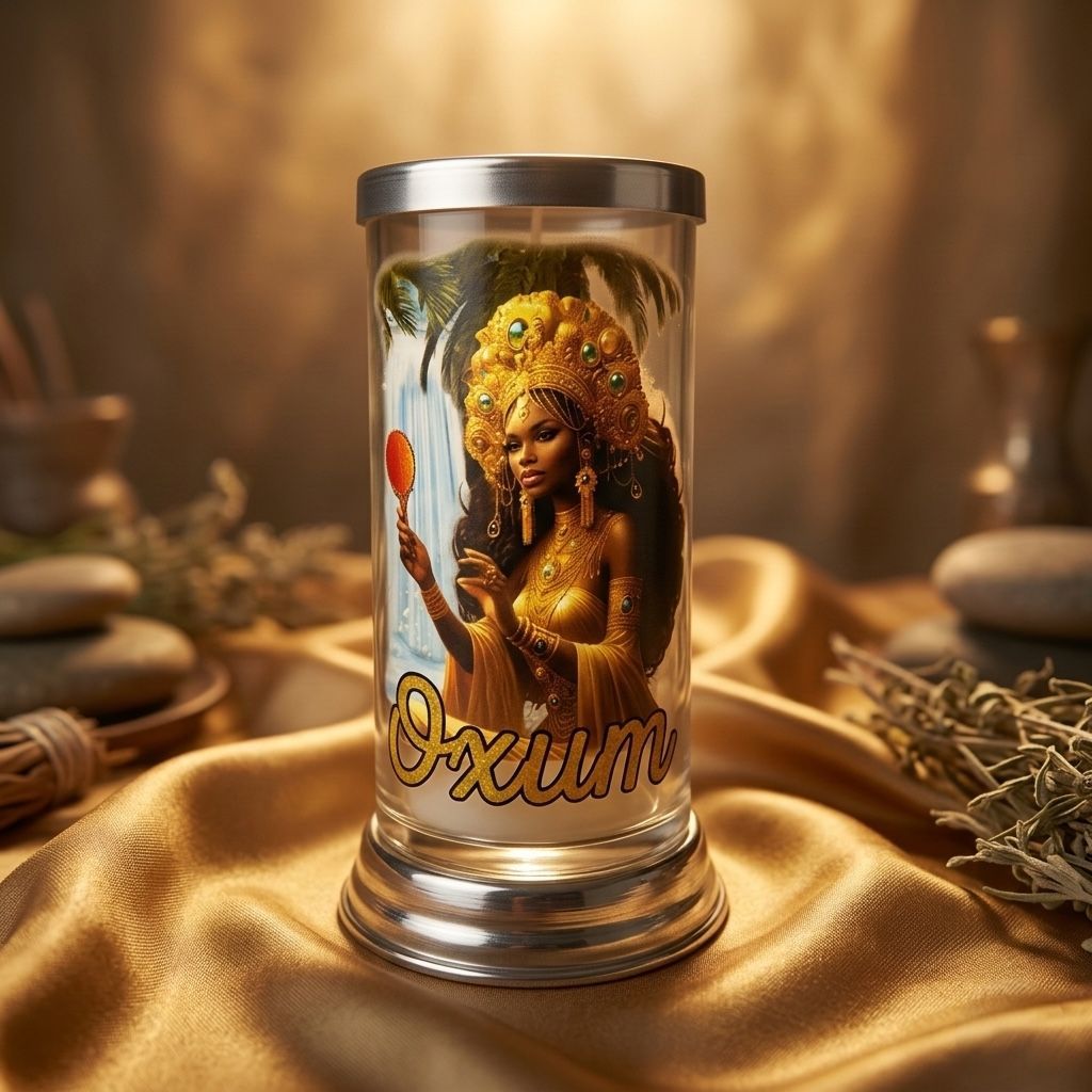 Porta Velas Oxum com Vela – Castiçal Religioso Orixá Oxum em Vidro | Umbanda e Candomblé