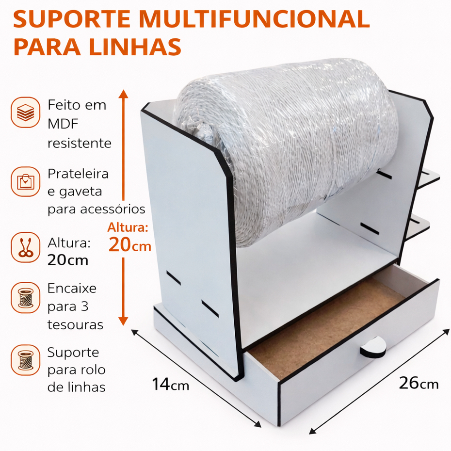 Suporte para Cone de Fio até 1kg com Gaveta Crochê Tricô Costura  MDF Cor Branco em Oferta na Shopee