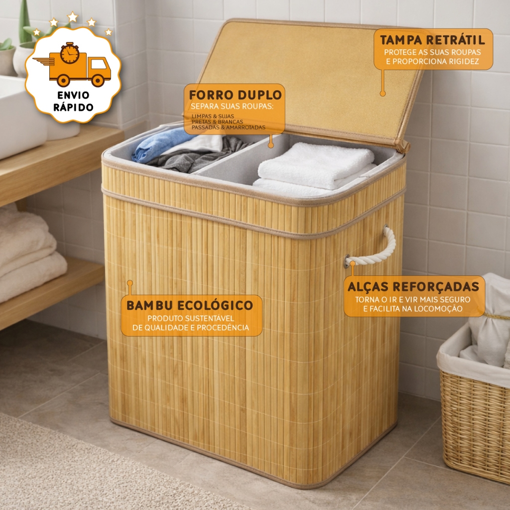 Cesto De Roupas Sujas Retangular Dobrável Bambu Forro Duplo Grande Organizador Banheiro Lavanderia