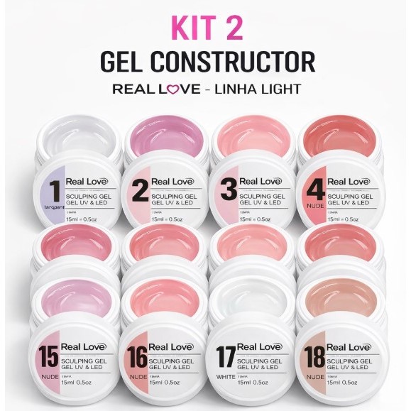 Kit 2 Gel Real Love 15ml Linha Light UV LED Gel Para Unhas Alongamento Fibra Nail Design