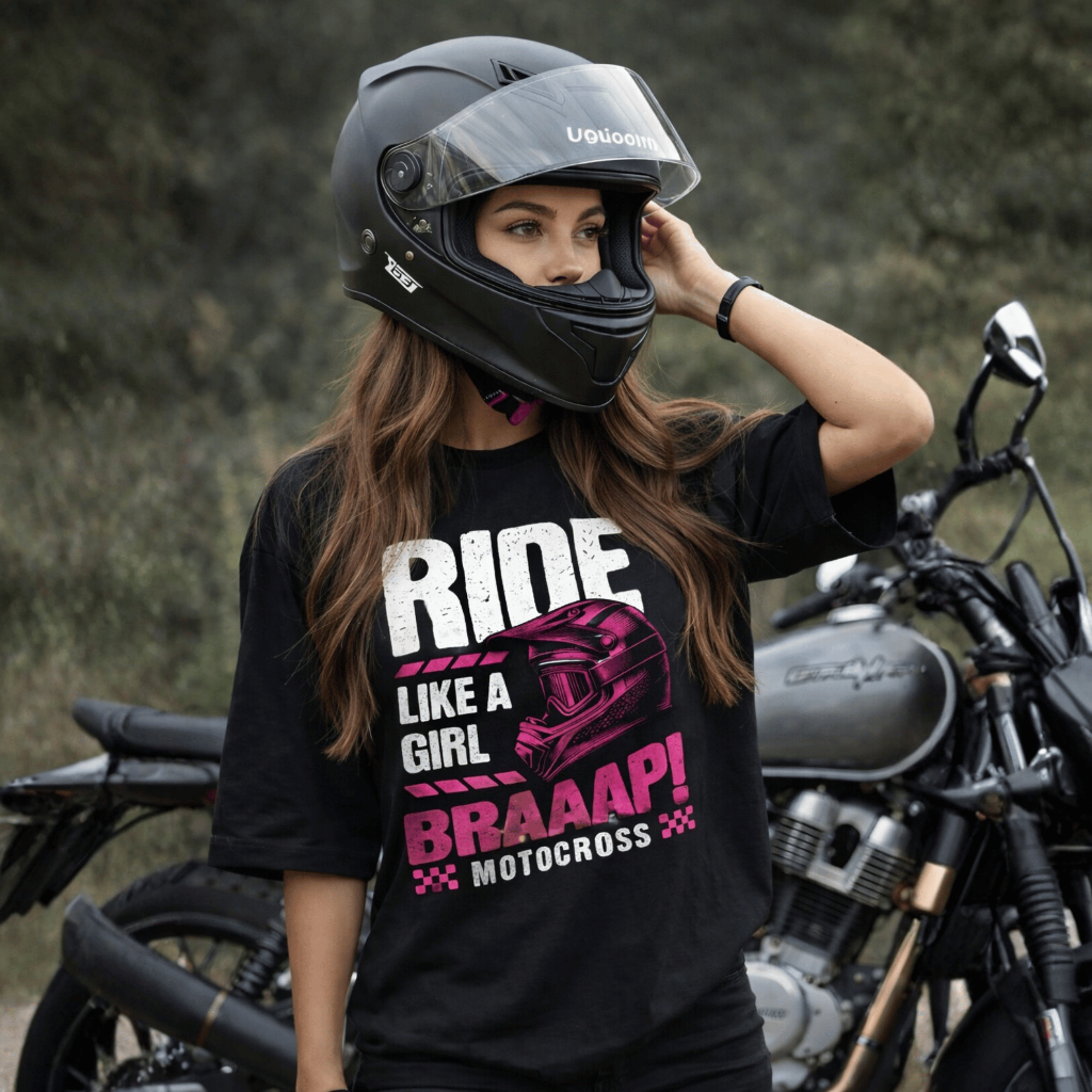 Camiseta Oversized Motocross Feminina Estampada Streetwear Algodão Premium Manga Curta Confortável Motogirl