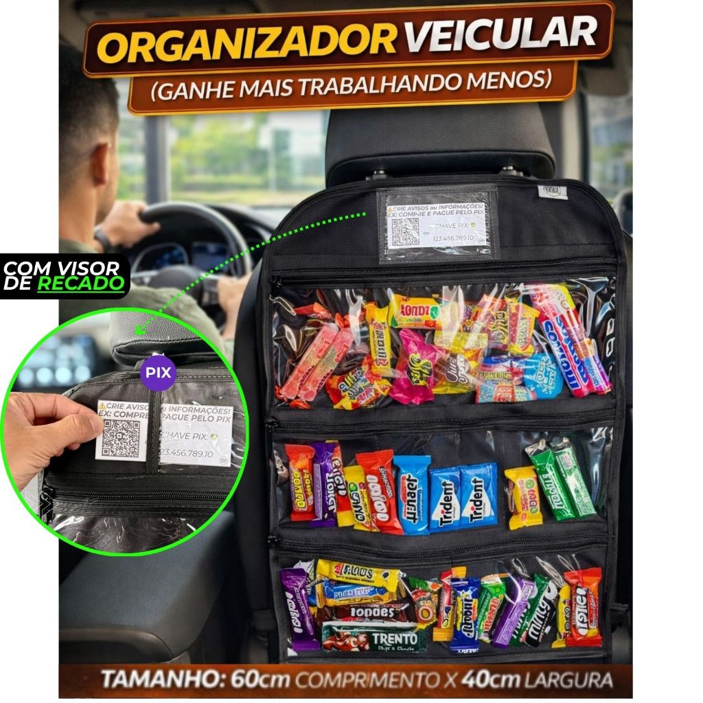 Organizador Para MOTORISTA Uber/99/App Com LOCAL PARA MENSAGEM AO PASSAGEIRO e COM ZÍPER  Porta Objetos Veicular