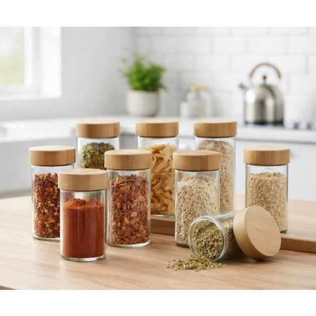 Kit 12 10 6 Potes Vidro Tampa Quadrado ou Redondo Bambu Organizador Tempero Luxo Transparente