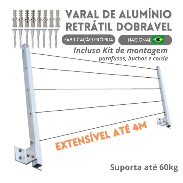 Varal de Alumínio Retrátil Reforçado 5 Cordas Parede Suporta até 60kg Envio Imediato em Oferta na Shopee