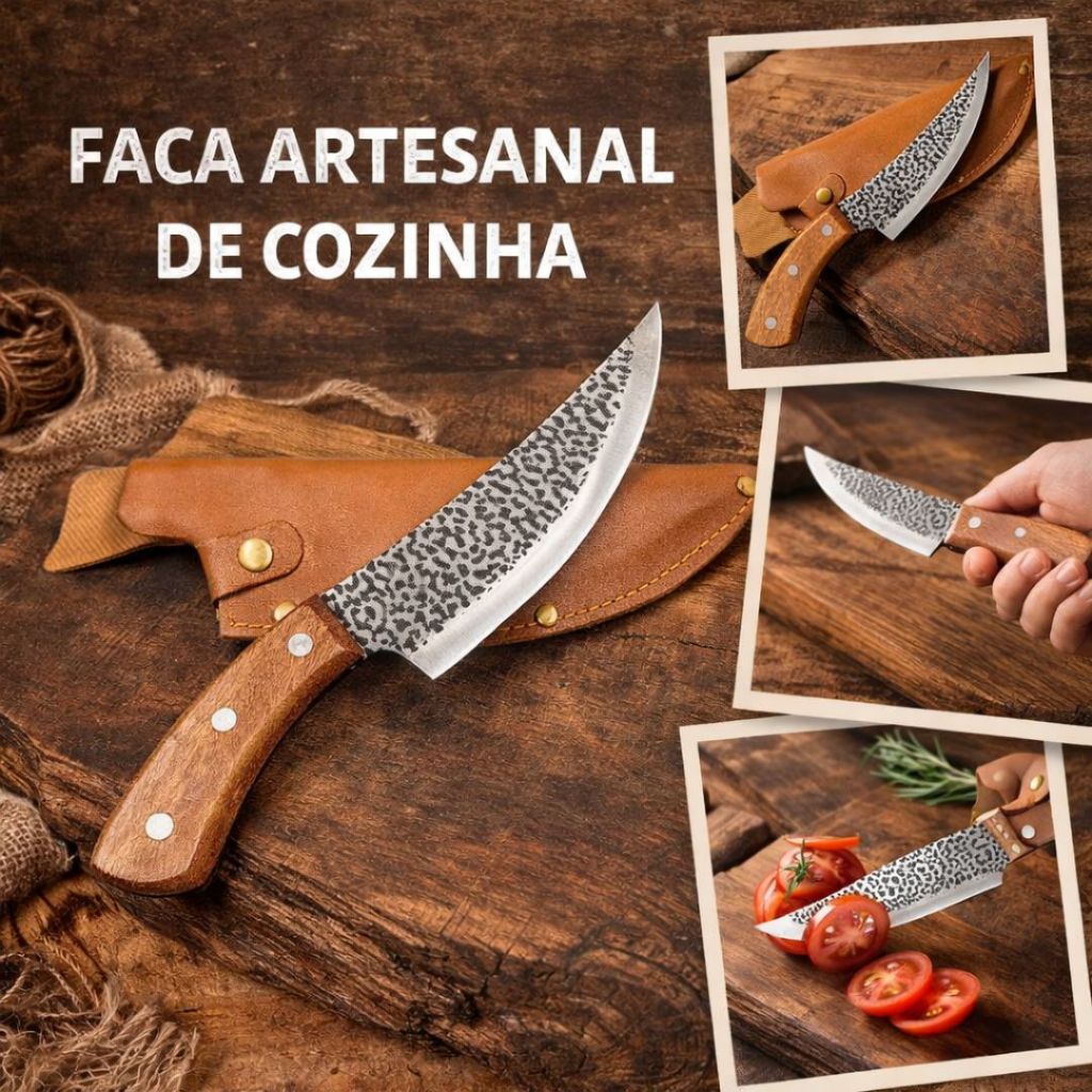 Faca Artesanal para Churrasco Aço Inox Cabo de Madeira com Bainha Faca para Carne Cozinha Camping