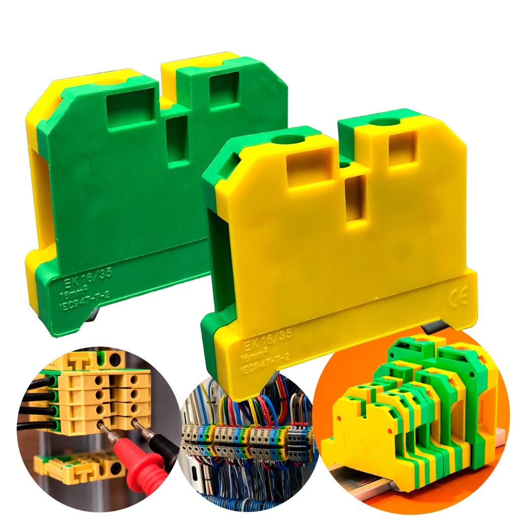 Borne Sak Terra Conector de Passagem 16mm Verde Amarelo SAKI Aterramento Elétrico Fixação Trilho Din