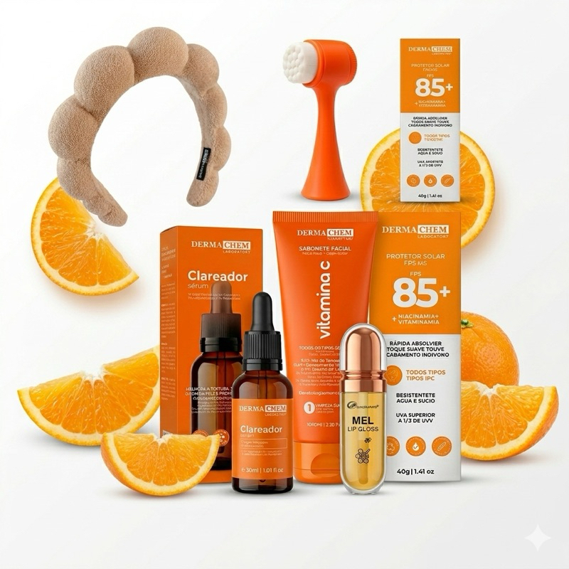Kit Skincare Vitamina C Clareador Sérum Protetor FPS85 Sabonete Facial Escova e Tiara Spa Anti-idade Melasma