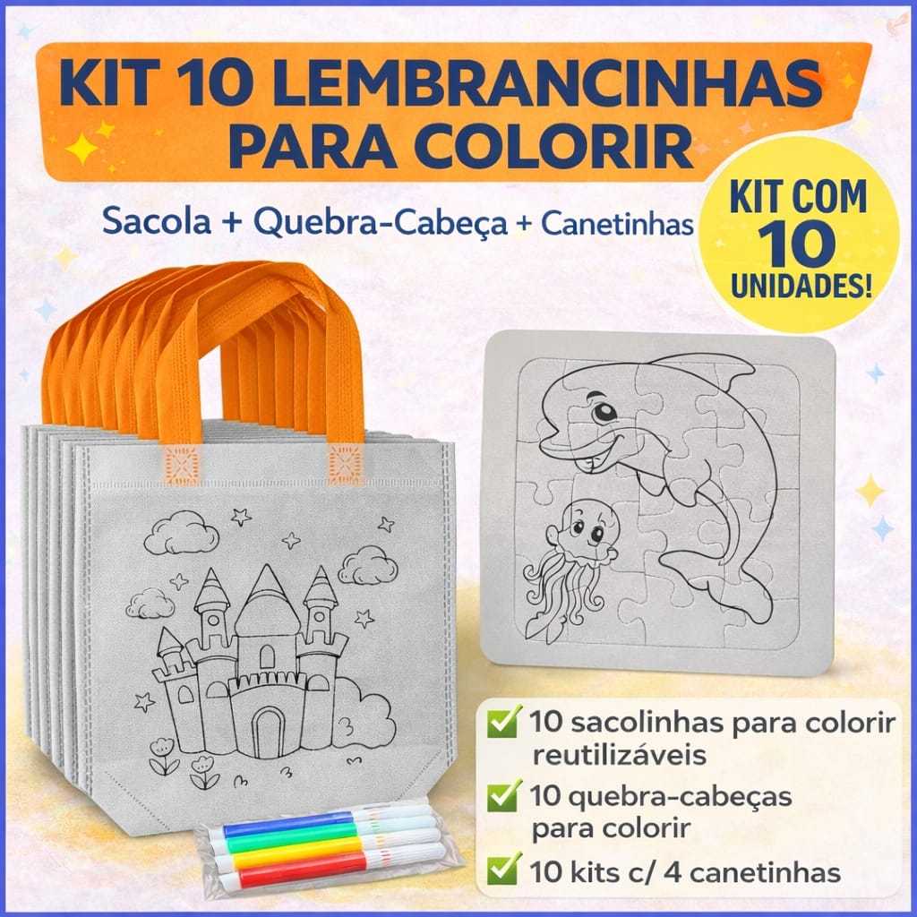 Kit 10 Sacolinhas para Colorir Lembrancinha Festa Infantil + Canetinhas + Quebra-cabeça Aniversário Menino Menina em Oferta na Shopee
