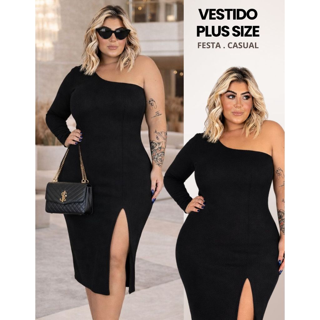 Vestido Plus Size Midi Manga Longa Inverno Tubinho Fenda Elastano Veste Até G4