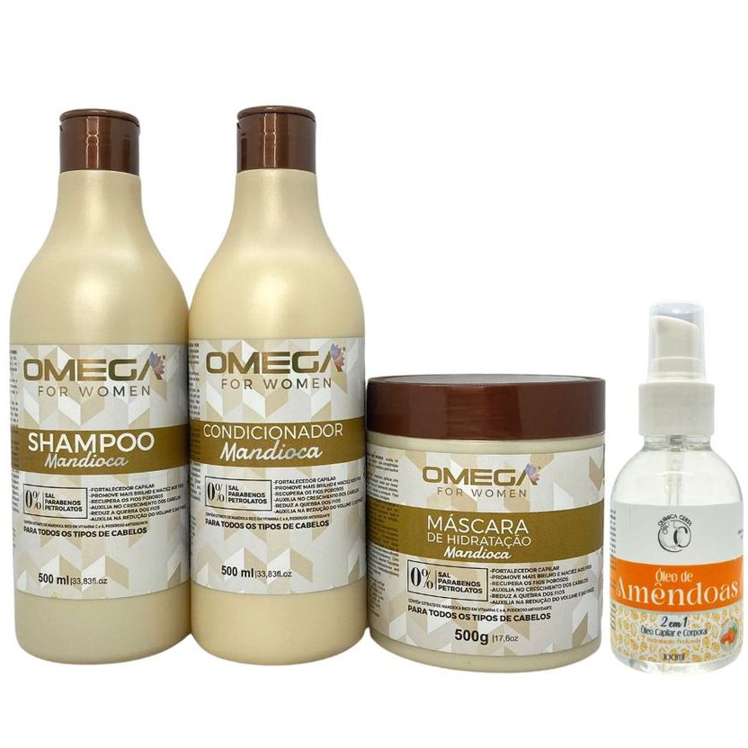 Kit Nutrição Capilar Mandioca Shampoo e Condicionador 500ml + Máscara + Óleo Capilar Omega Hair