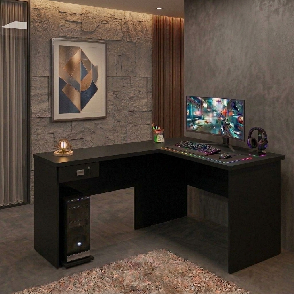 Escrivaninha gamer em L para home office estudos com gaveta, chave e suporte para cpu