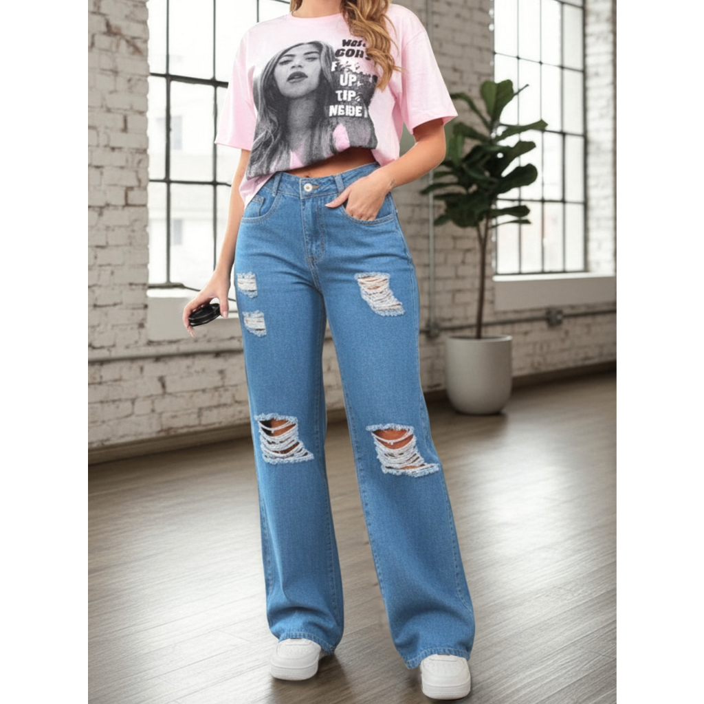 Calça Feminina Jeans Premium Wide Leg Com Rasgos Destroyed 100% Algodão Cintura Alta