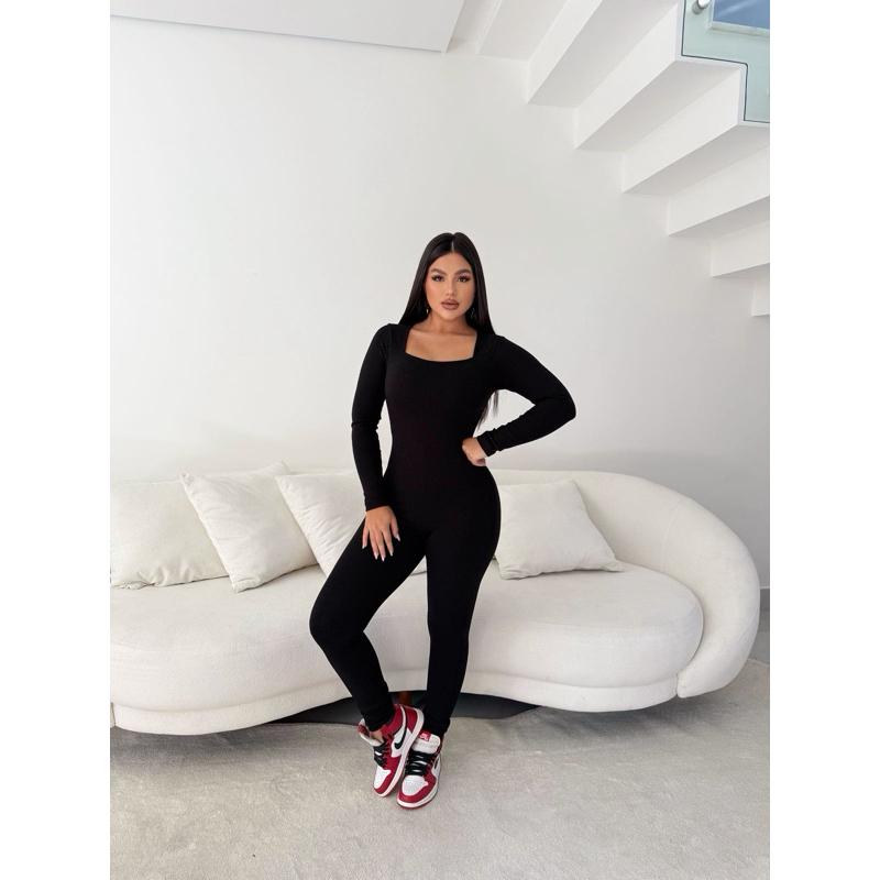 Macacão Feminino Manga Longa Virginia Modela o Corpo Academia Balada Festa