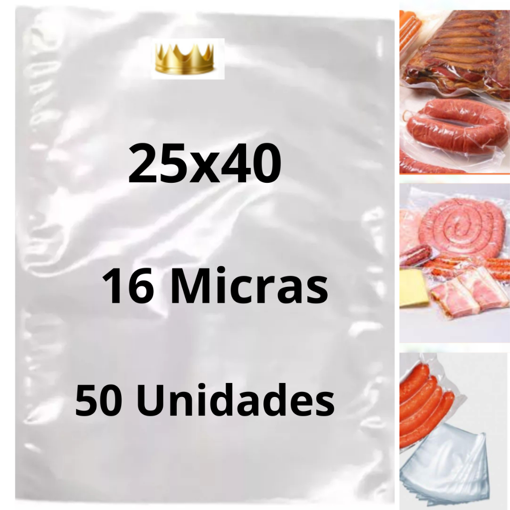 Saco Vacuo Liso Sem Ranhura 25x40 Nylon Poli 16 Micra 50unid