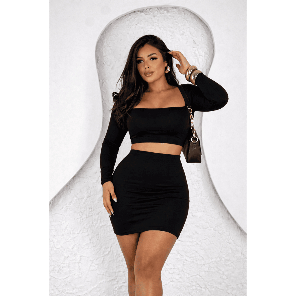 Conjunto Feminino Cropped Manga Longa e Saia Curta Suplex Moda Blogueira Elegante