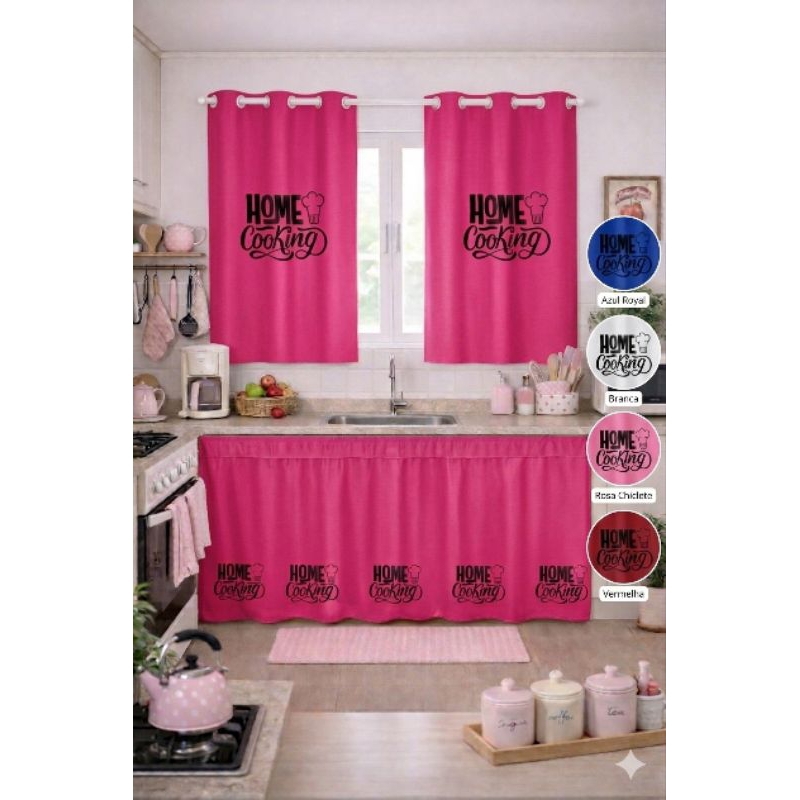 KIT CORTINA COZINHA ROSA BEBÊ HOME COOKING – CORTINA DE JANELA + CORTINA DE PIA | DECORAÇÃO COZINHA | CORTINA PARA PIA
