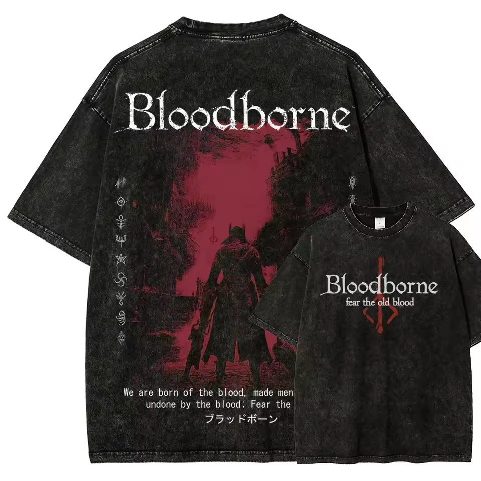 Camiseta Estonada Lavada Bloodborne Fear The Old Blood The Hunter Dark Souls Graphic Unissex