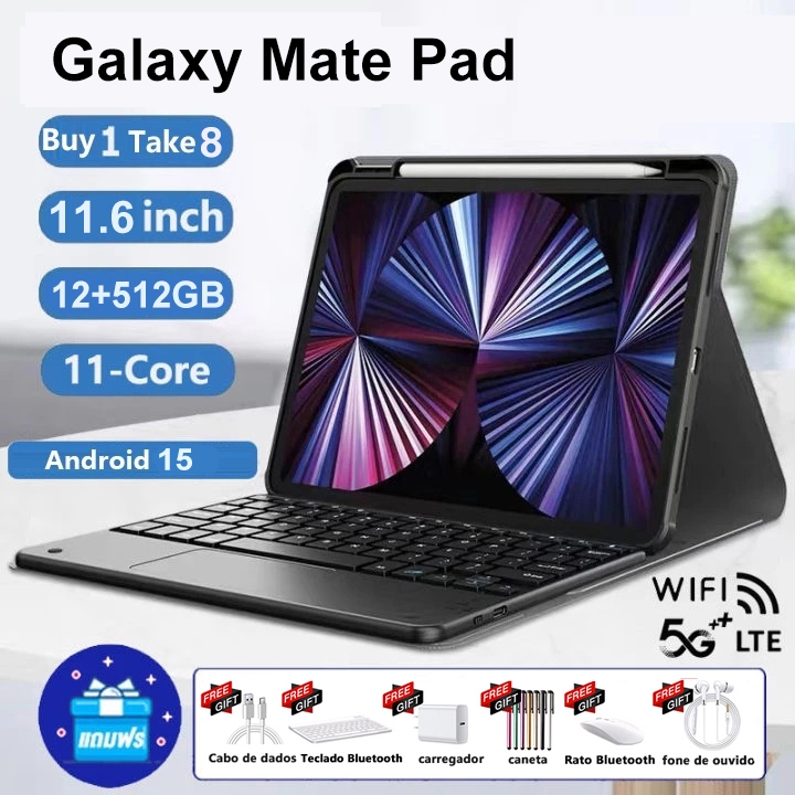 (Com teclado e mouse)Tablet Galaxy Mate padPRO11.6 polegadas HD Android 15 RAM 512GB 12GB coFunda CorCinzaEscuro 8800mA