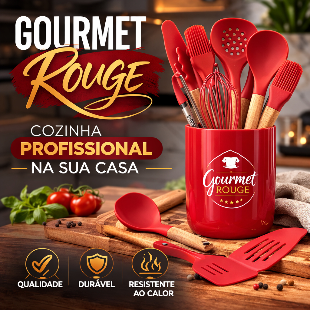 Kit Utensílios de Cozinha Silicone 7 Peças Vermelho Cabo Madeira Resistente ao Calor Antiaderente