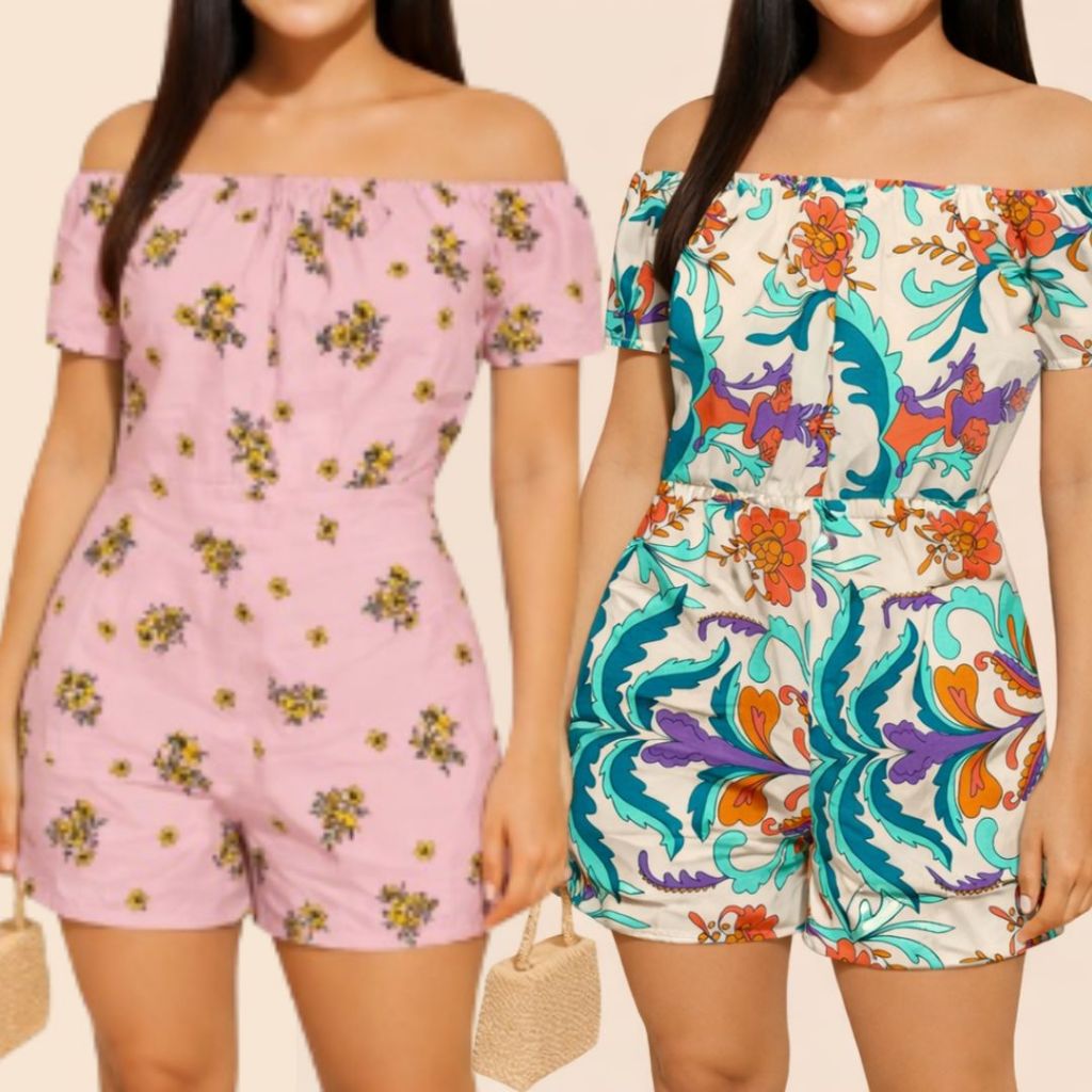 Macaquinho Feminino Viscolinho Estampado Ombro a Ombro Curto Verão Moda Casual Confortável Leve
