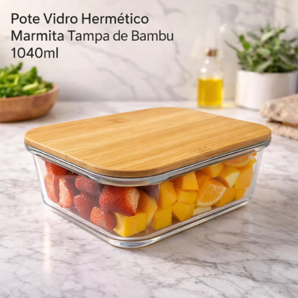 Pote De Vidro Hermético Retangular Com Tampa Bambu 1040ml Organizador de Geladeira Marmita Premium