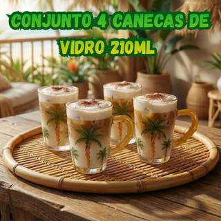 Conjunto 4 Canecas De Vidro 210ml Palm Tree Palmeira Para Café Chá Sucos Trancoso Colorido Hauskraft