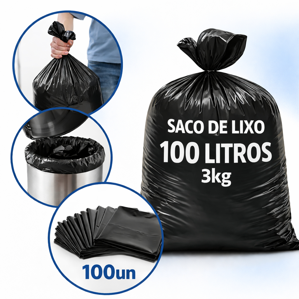 Saco para Lixo Preto 100 Litros Reforçado 3kg Pacote com 100 Unidades Alta Resistência