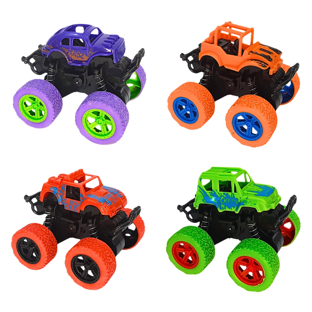 Kit 4 Carrinho Brinquedo Infantil Carro Bate Volta Monster Truck 4x4 Cambalhota 360 Colorido Atacado