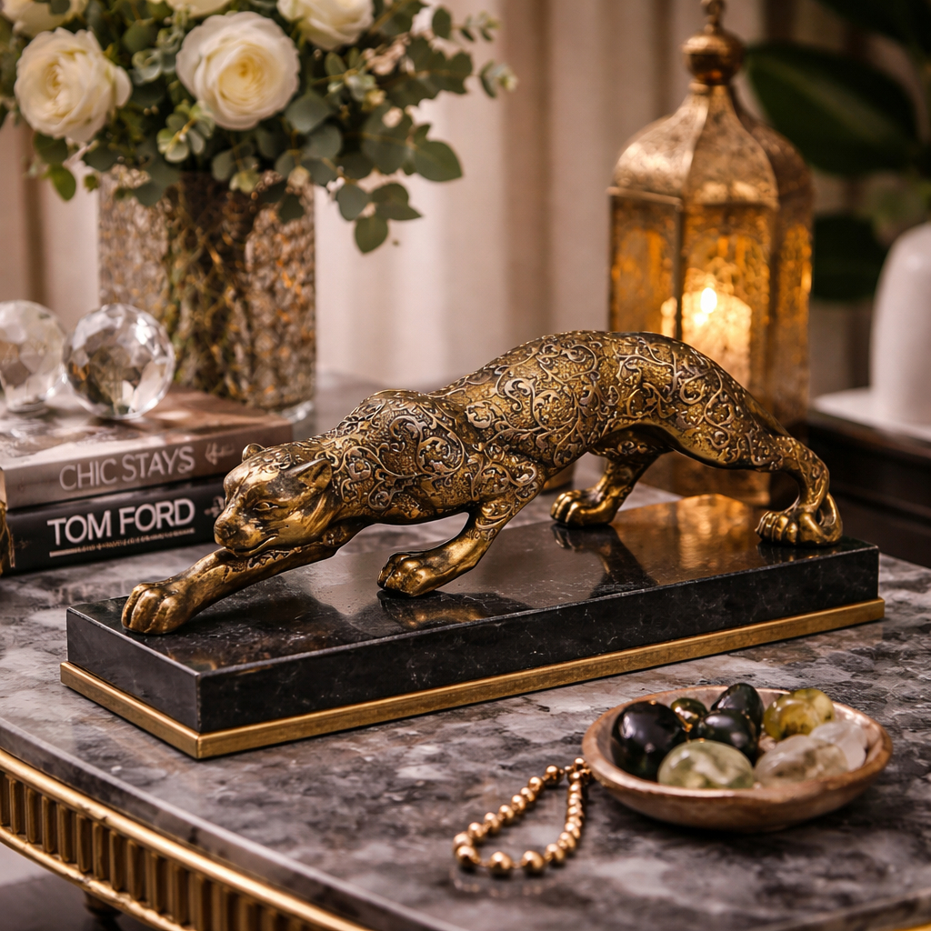 Escultura Jaguar Onça Pantera Decoração de casa Enfeite Bordado