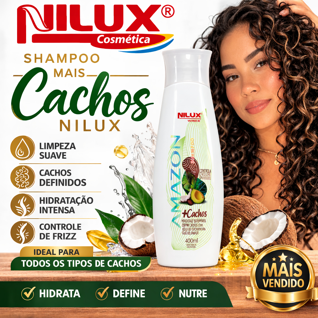 Shampoo Mais Cachos Nilux 400ml Hidratação Profunda Define Cachos Controle de Frizz Com Água de Coco