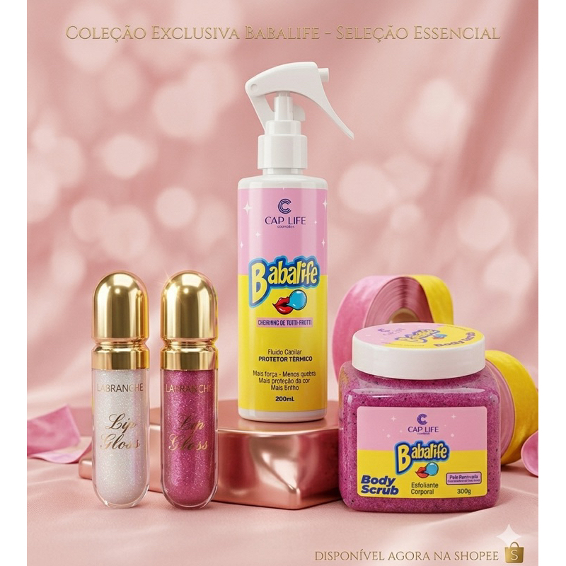 Kit Skincare Feminino Body Scrub Babalife + Protetor Térmico Capilar + Gloss Labial Hidratante