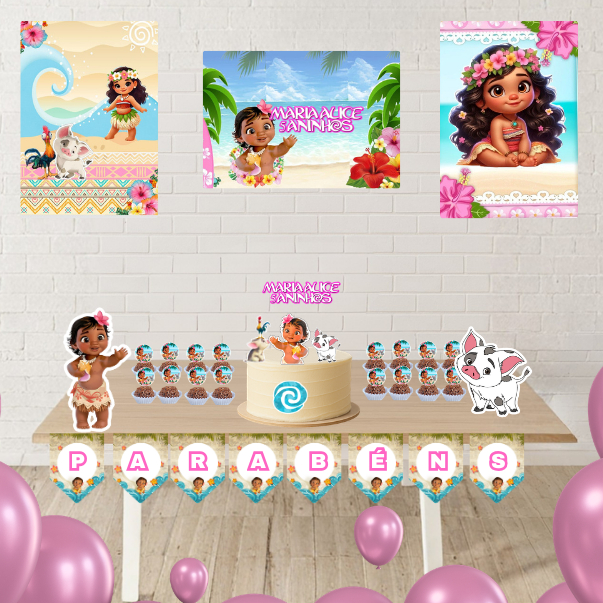 Kit Festa Moana Baby Só um Bolinho em Casa - Bandeirola com PARABÉNS /ENVIO RÁPIDO
