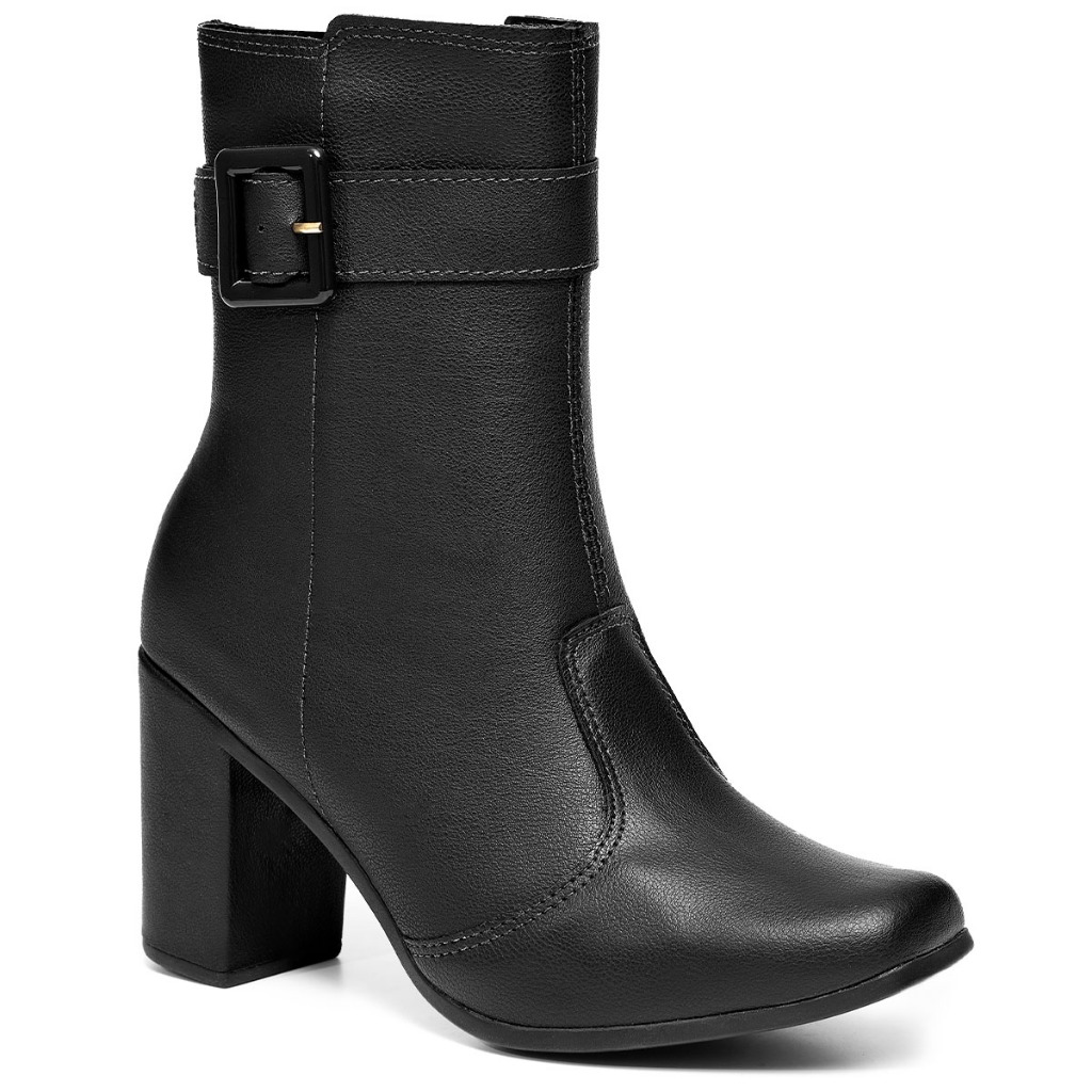 Bota Feminina Lumiss Salto Alto Bloco Confortável Cano Médio Fivela Bico Quadrado Blogueira