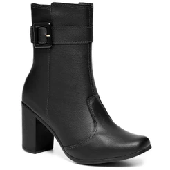 Bota Feminina Lumiss Salto Alto Bloco Confortável Cano Médio Fivela Bico Quadrado Blogueira