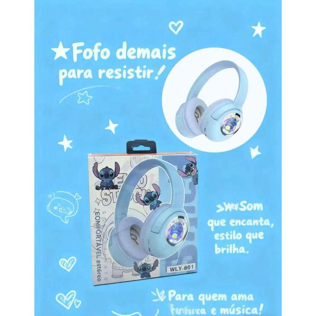 Fone de Ouvido Sem Fio Stitch WLY-801 Bluetooth, Com Fio, Chamada, Cartão TF, 25h de Uso