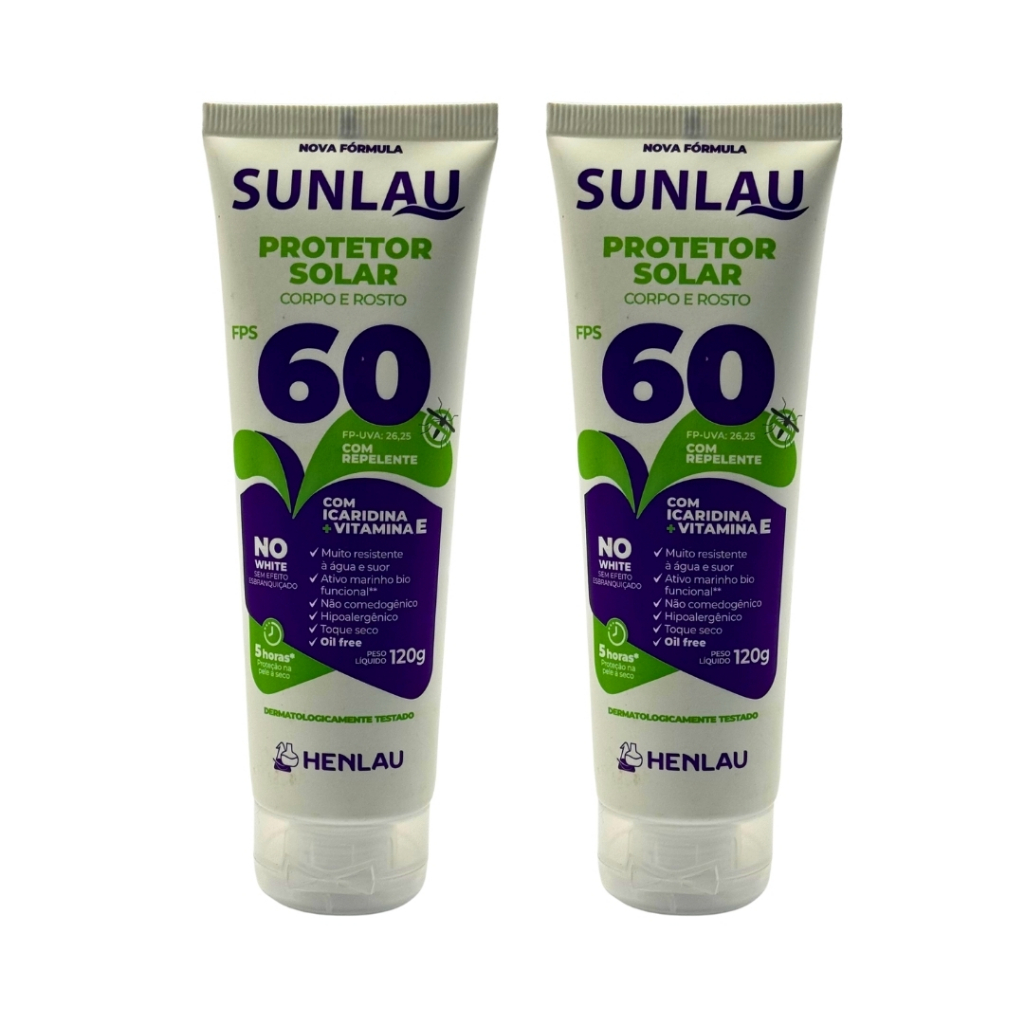 Kit 2 Protetor Solar FPS 60 Sunlau Com Repelente Icaridina 120g