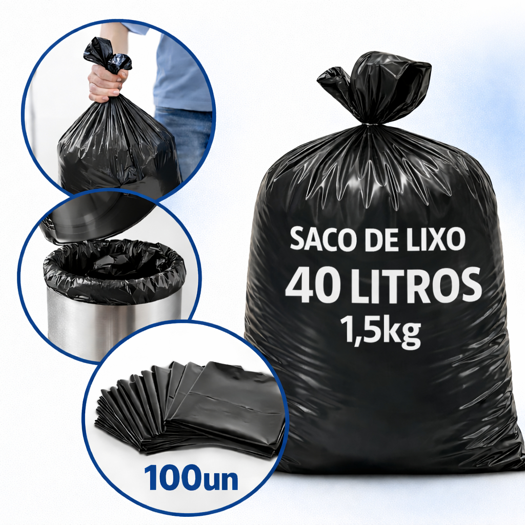 Saco para Lixo Preto 40 Litros Reforçado 1,5kg Pacote com 100 Unidades Alta Resistência